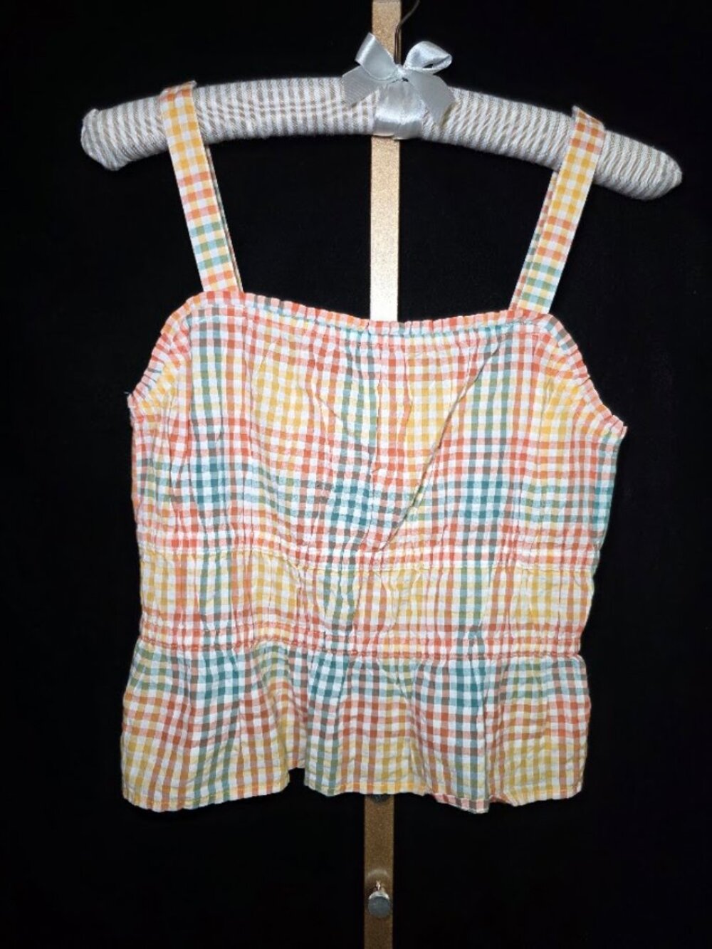 NWT Seersucker Sophia Peplum Tank in Rainbow Gingham Check S